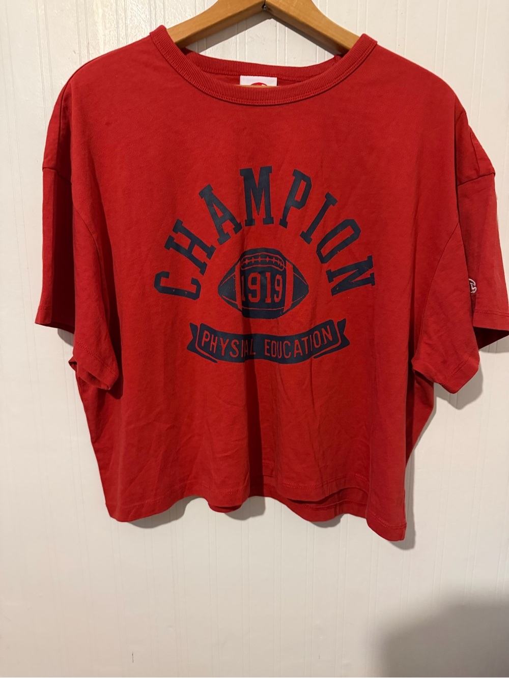 Champion Red Tee with Navy 'Champion' Football Graphic Boxy crop fit XL